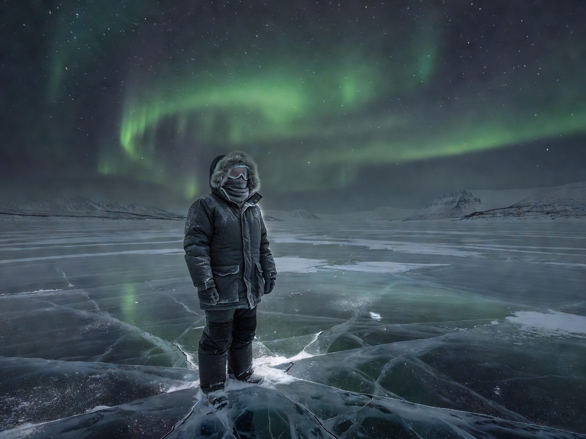 A traveller in thermal winter parka observing faint green aurora overhead standing on a frozen Arctic lake