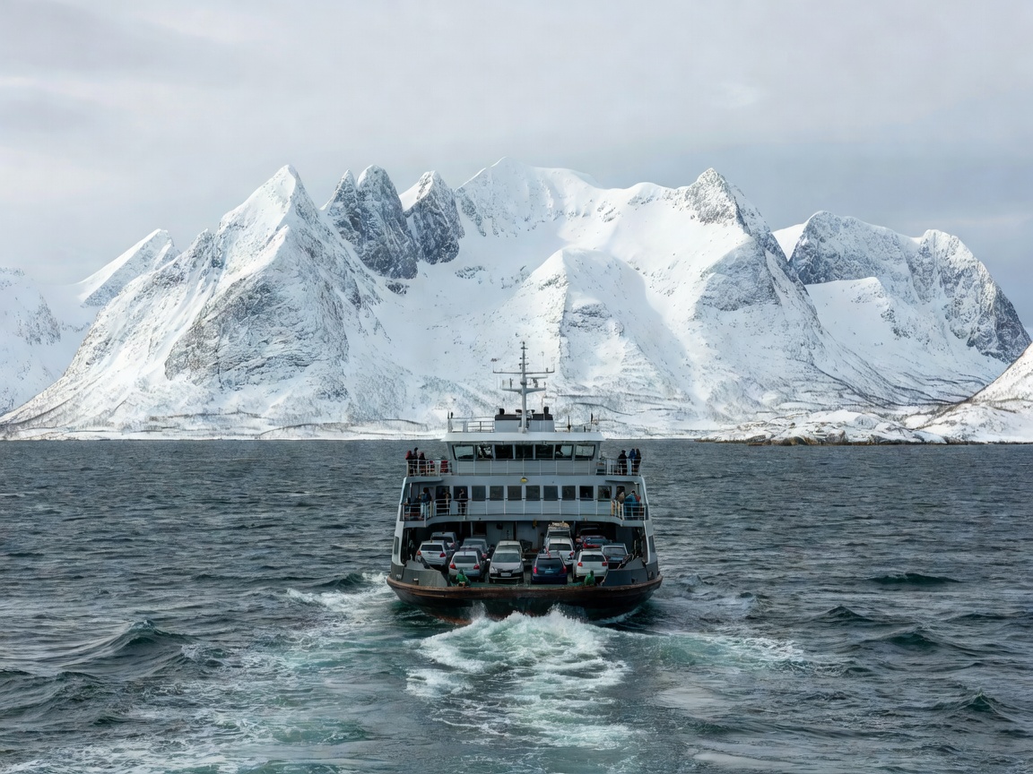 Car ferry crossing the cold waters of Ullsfjorden towards the snow-covered Lyngen Alps