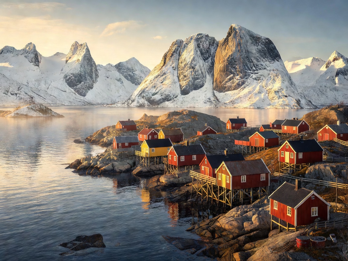 Rorbuer cabins nestled along the rocky coast of Reinefjorden below snow-capped peaks